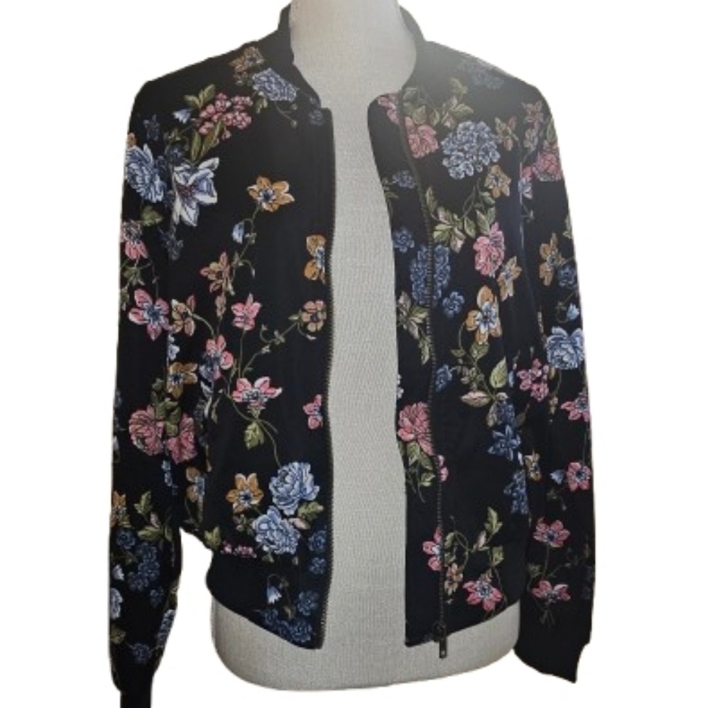 Pink Rose Floral Bomber Jacket - Black Multi Fully Lined - Picture 2 of 10